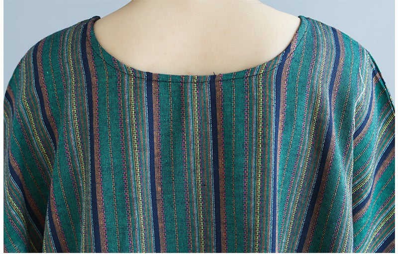 Vintage Green Linen Striped Asymmetrical Short Dresses-Dresses-Green-One Size-Free Shipping at meselling99