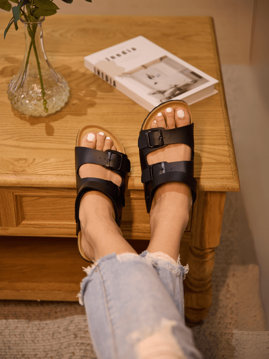 Double Strap Slingback Footbed Sandal - Black