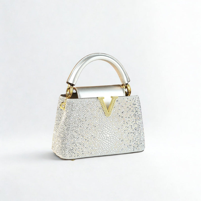 Genuine Leather V Letter Small Crossbody Bag - Diamonds Luxury Messenger Shell Bags