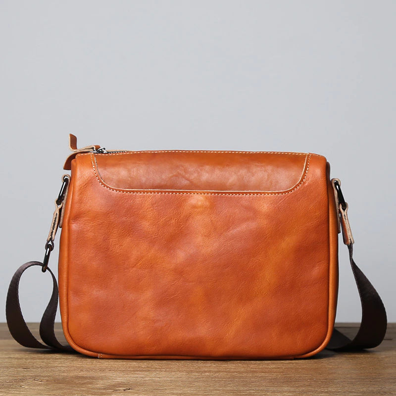Vintage Vegetable Tanned Leather Zipper Shoulder Bag