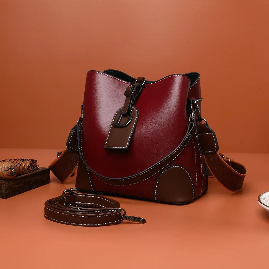 Women's Luxury Travel Bag– Retro Textured Bucket Shoulder & Crossbody Bag