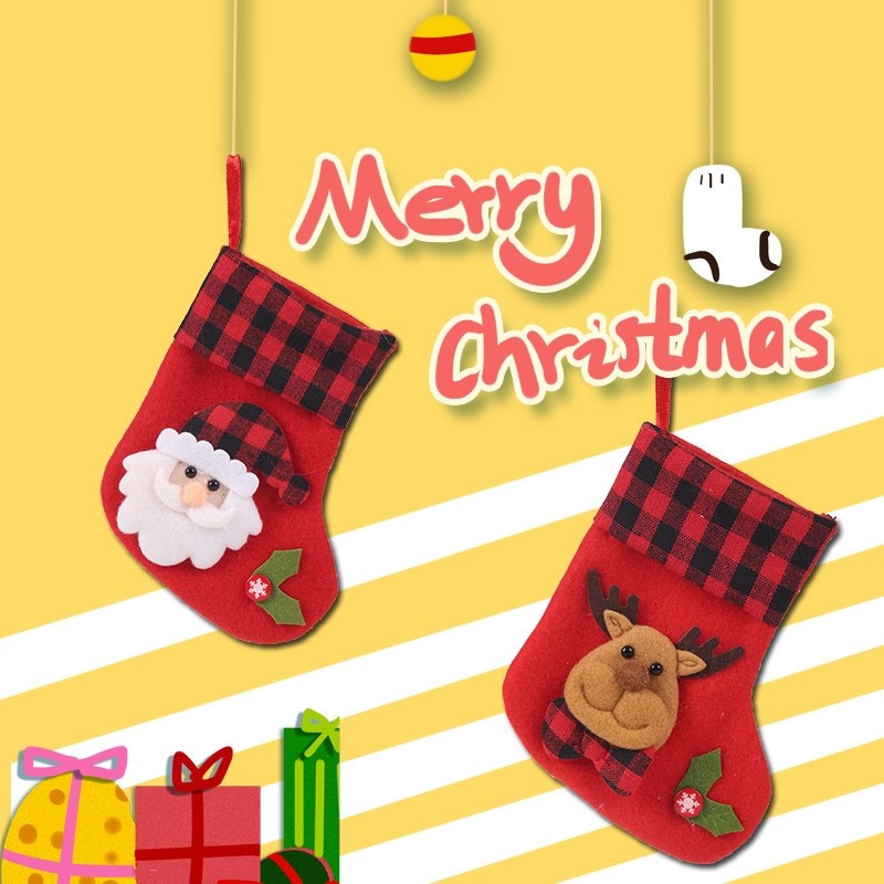 Red Black Plaid Patchwork Cute Cartoon Christmas Socks Gift Bag