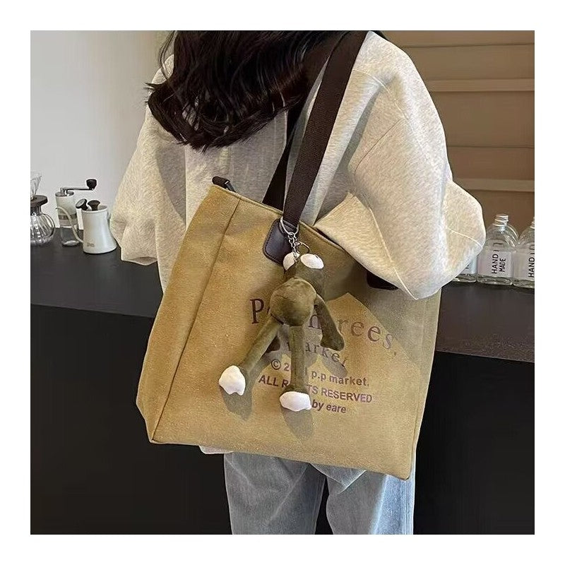 Letter Print Canvas Bag With Pendant