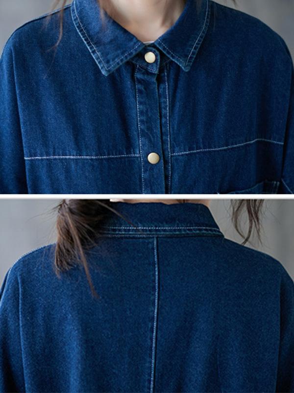 Original Denim Lapel Shirt Dress-Midi Dress-Free Shipping at meselling99