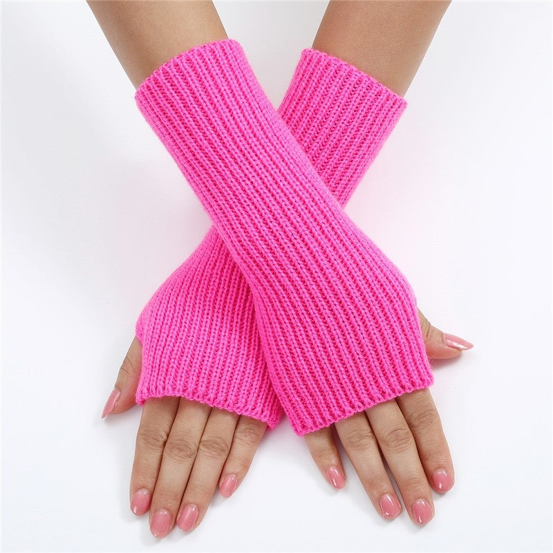Solid Color Fine Striped Knitted Fingerless Wrist Warmers