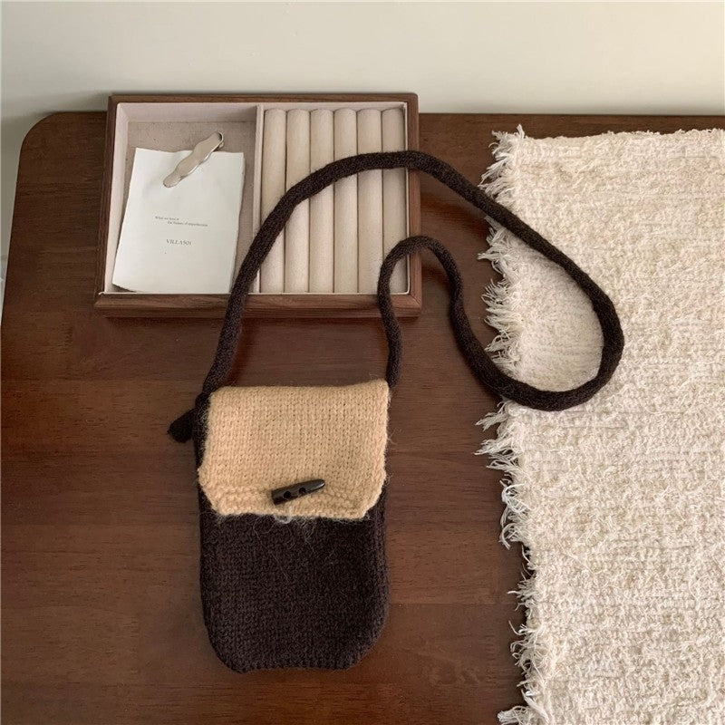 Color Block Horn Button Knit Shoulder Phone Bag