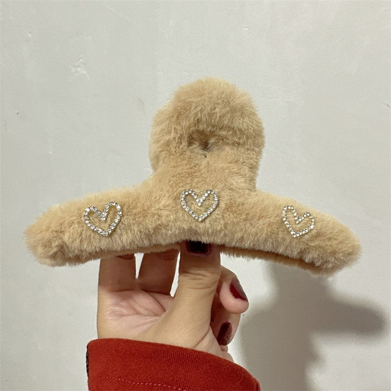 Rhinestone Heart Furry Hair Claw Clip