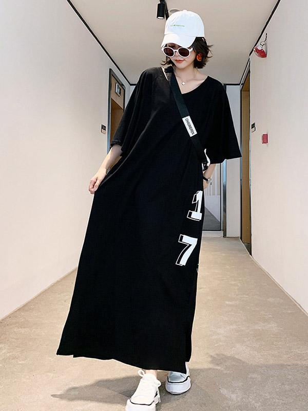 Meselling99 Original Letter Printed Split-Side Dress-Maxi Dress-Free Shipping at meselling99