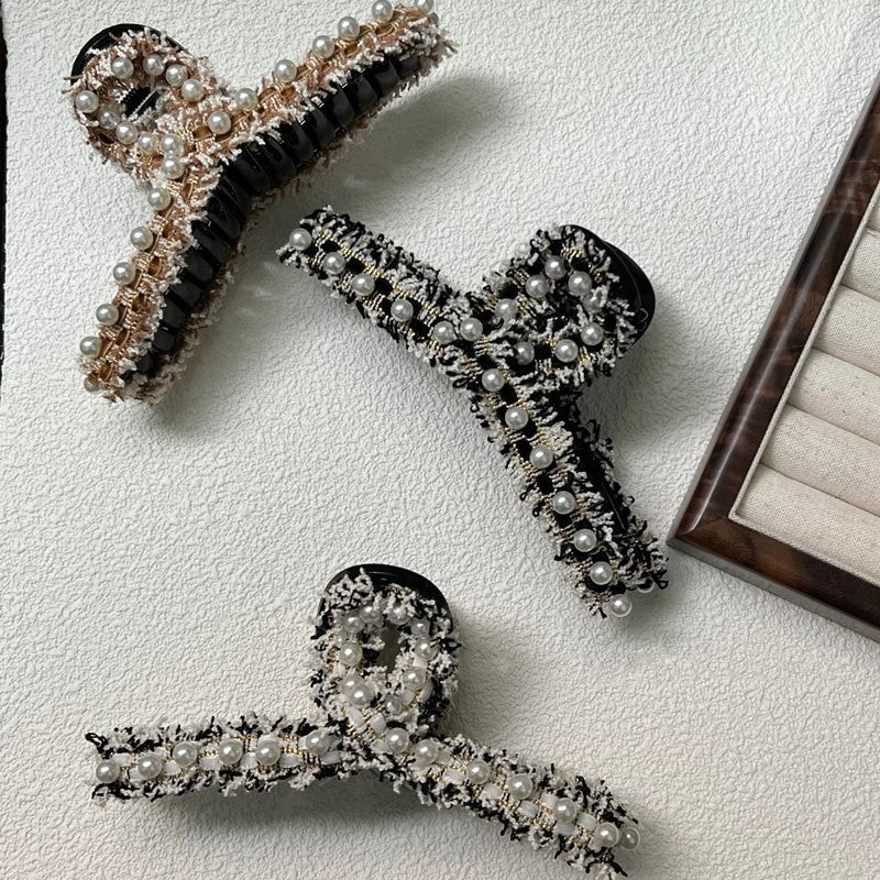 Elegant Tweed Pearl Hair Claw Clip