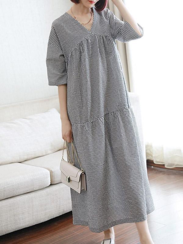 Meselling99 Original Black&White Plaid V-Neck Dress-Maxi Dress-BLACK&WHITE PLAID-FREE SIZE-Free Shipping at meselling99