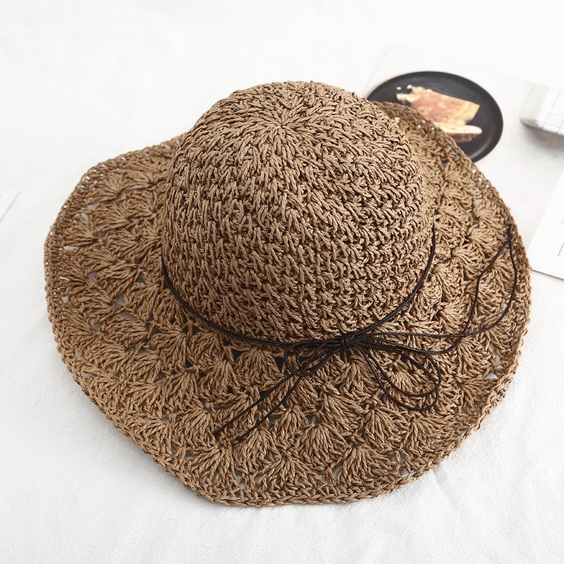 Hollow Straw Weave Wide Brim Sun Hat With Adjustable Strap
