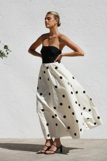 Polka Dot Print Strapless A-Line Maxi Dress