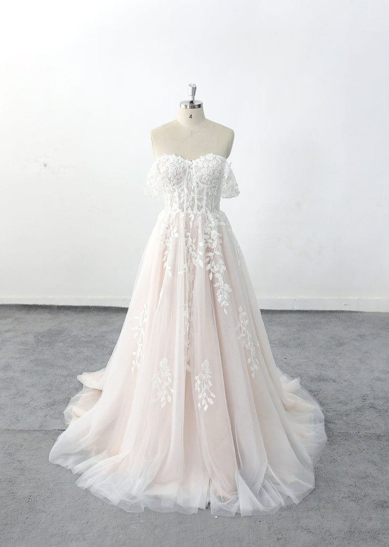 Romantic Nude Lined Off-Shoulder Wedding Dresses
