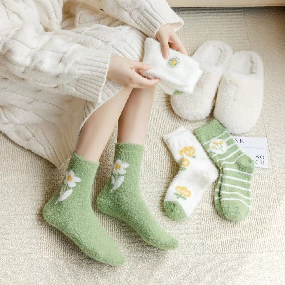 Cute Floral Printed Coral Fleece Thickened Warm Socks