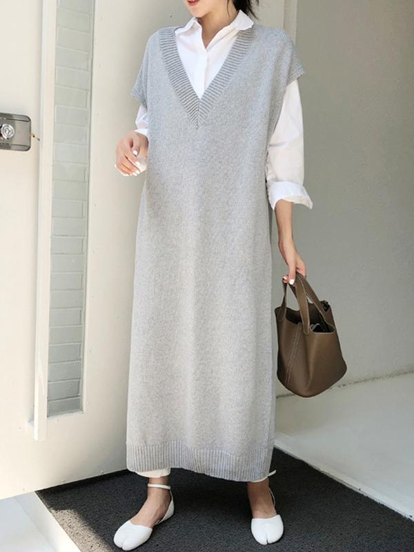 Meselling99 Knitting Loose V-Neck Sleeveless Long Dress-Maxi Dress-GRAY-FREE SIZE-Free Shipping at meselling99