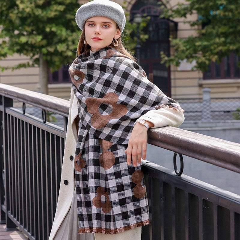 Contrast Color Plaid Flower Pattern  Imitation Cashmere Warm Shawl Scarf