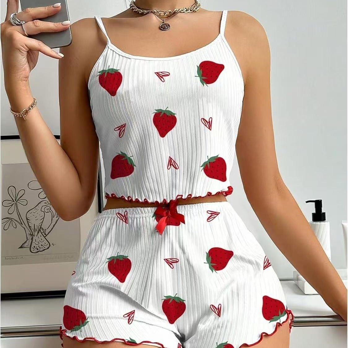 Summer Women's Pajama Set: Ribbed Heart Print Tank Top And Shorts
