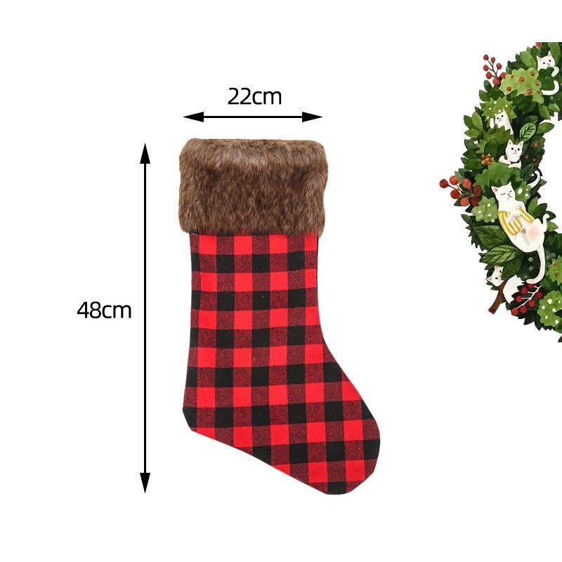 Contrast Color Plaid Brown Fur Patchwork Christmas Sock Gift Bag