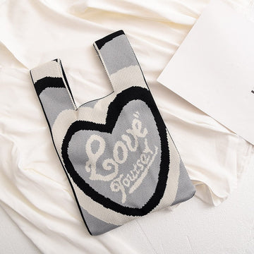 Contrast Color Heart Pattern Knitted Handbag Reusable Bag