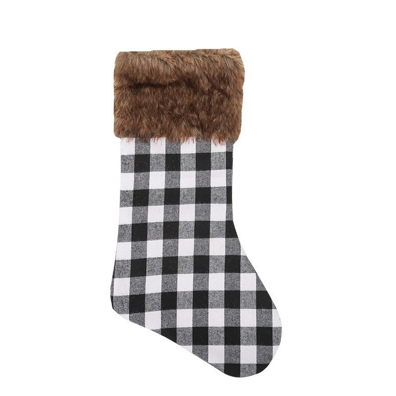 Contrast Color Plaid Brown Fur Patchwork Christmas Sock Gift Bag