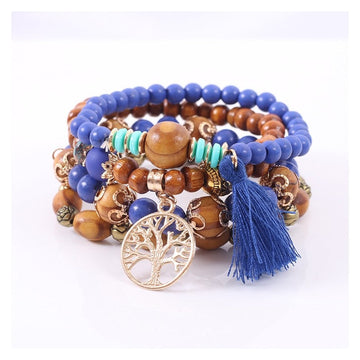 Wood Bead Tassel Bracelet Set