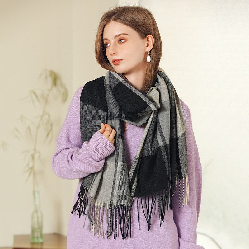Contrast Color Plaid Tassel Imitation Cashmere Shawl Scarf