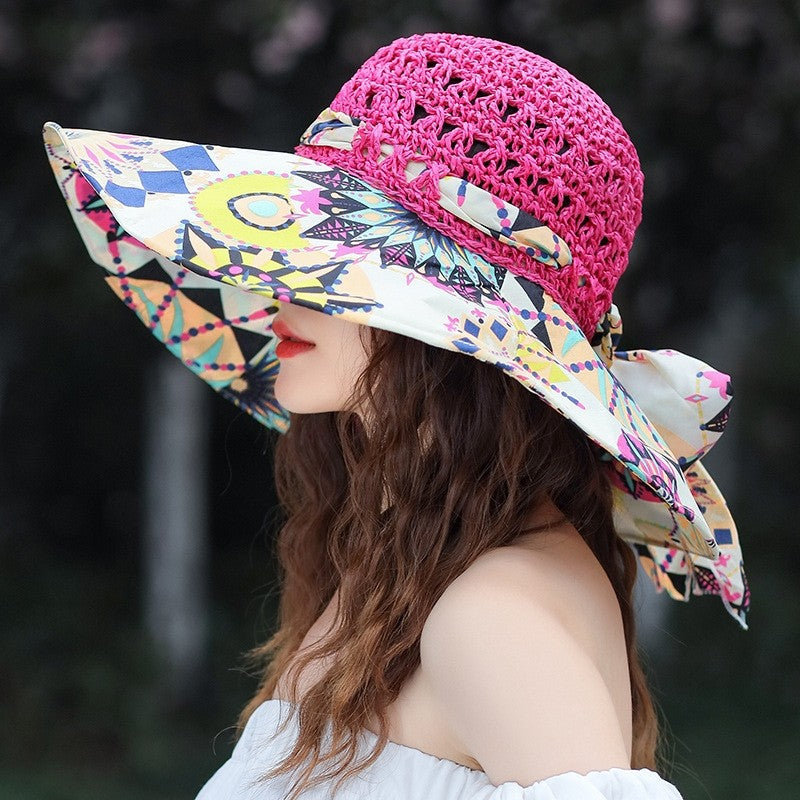 Sun Hat With Printed Patchwork Straw Design