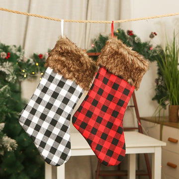 Contrast Color Plaid Brown Fur Patchwork Christmas Sock Gift Bag