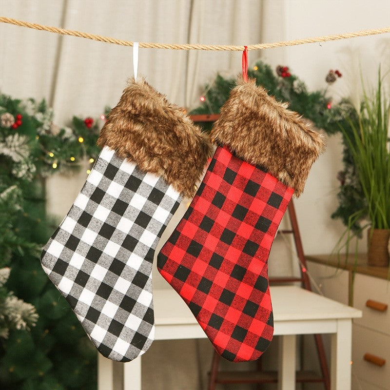 Contrast Color Plaid Brown Fur Patchwork Christmas Sock Gift Bag