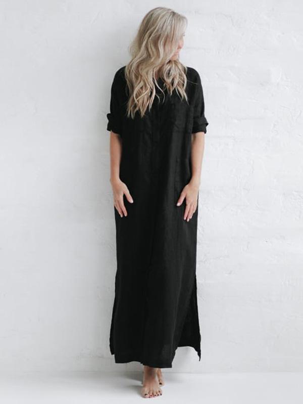 Meselling99 Simple Solid Split-Side Lapel Long Shirt Dress-Maxi Dress-Free Shipping at meselling99