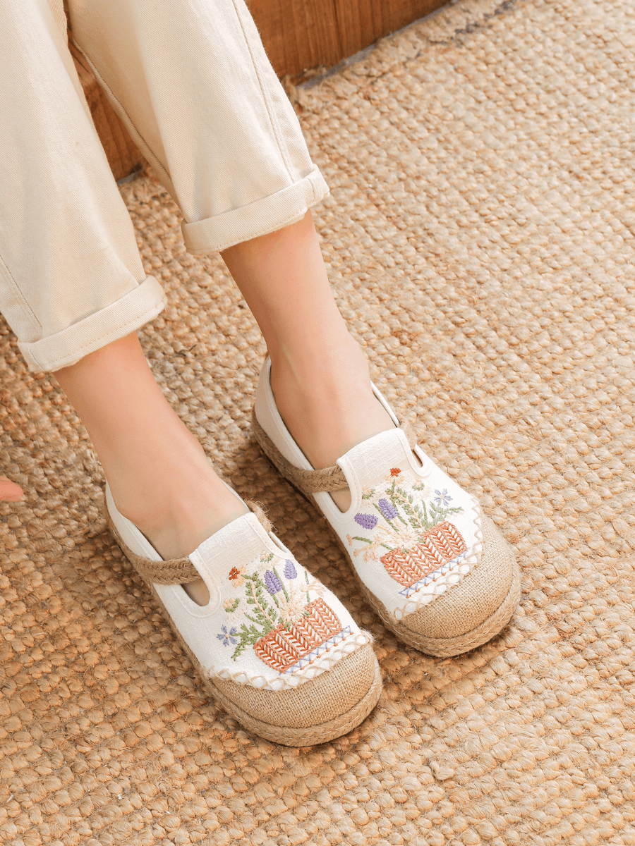 Kahului Embroidered Linen Espadrilles - Apricot