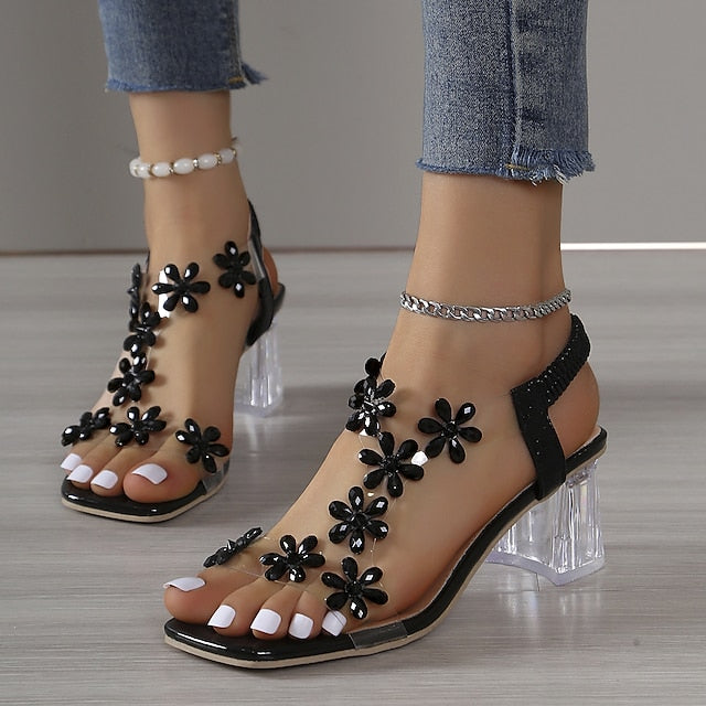 Plus Size Rhinestone Butterfly Square Toe High Heel Sandals