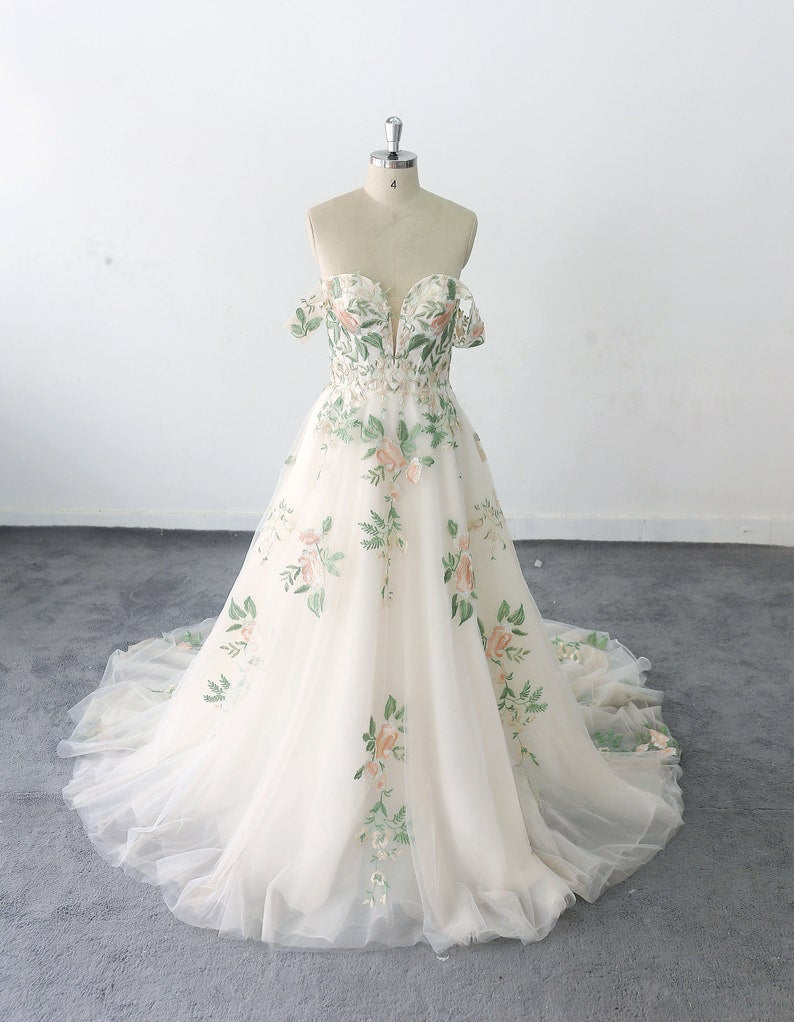 Romantic Forest Fairy Green Colorful Lace Wedding Dresses