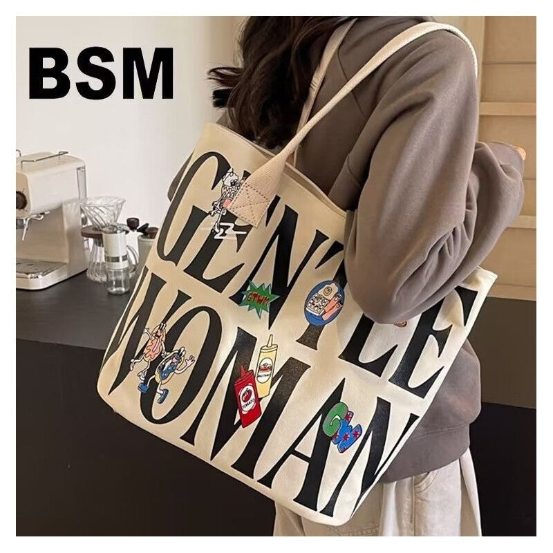 Large Capacity Canvas Shoulder Bag With Cute Cartoon Print