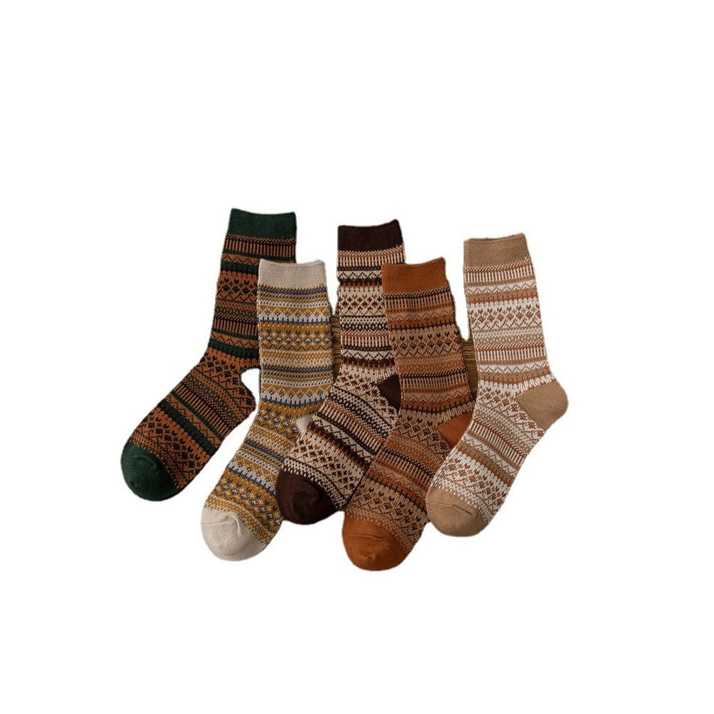 Retro Ethnic Style Contrast Color Cotton Socks