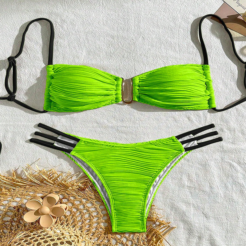 Bikini Swimsuit For Women, Two-Piece With Color Block And Ties