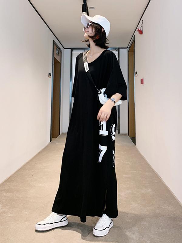 Meselling99 Original Letter Printed Split-Side Dress-Maxi Dress-Free Shipping at meselling99