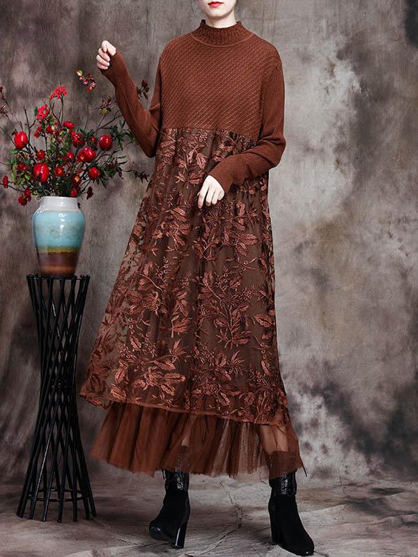 Original Lace Split-Joint Knitting Dress-Midi Dress-Free Shipping at meselling99