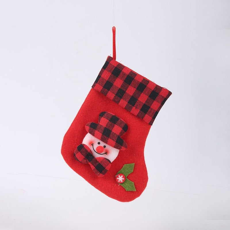 Red Black Plaid Patchwork Cute Cartoon Christmas Socks Gift Bag