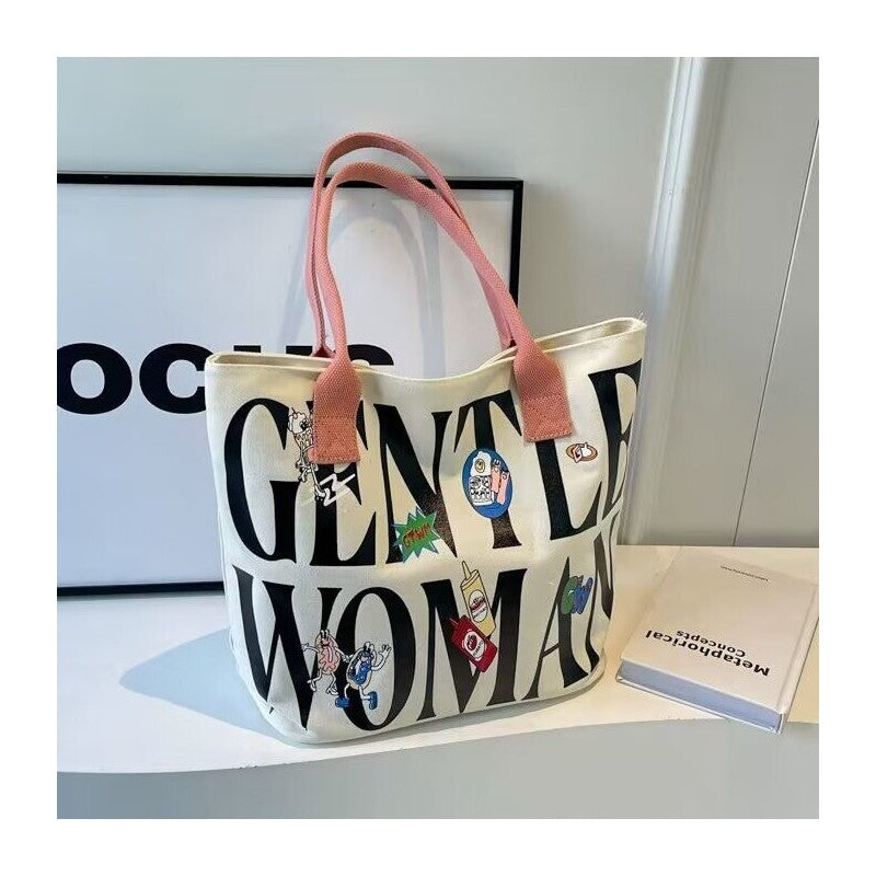 Large Capacity Canvas Shoulder Bag With Cute Cartoon Print