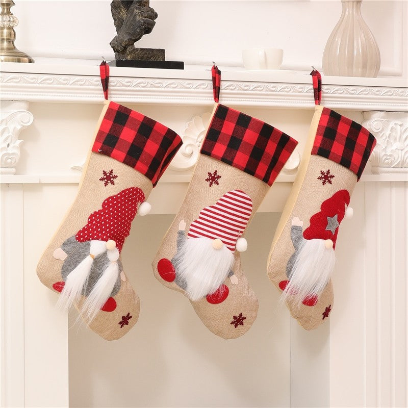 Linen Rudolph Plaid Sock Gift Bag Christmas Decoration
