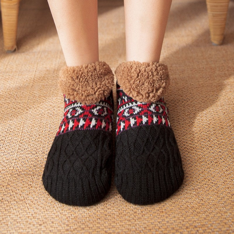 Adults Jacquard Knitted Fleece Lining Thick Warm Non-Slip Indoor Socks