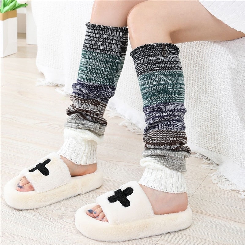 Knitted Over-The-Knee Socks With Striped Buttoned Cuffs