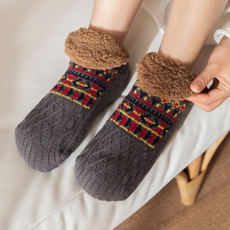 Adults Jacquard Knitted Fleece Lining Thick Warm Non-Slip Indoor Socks