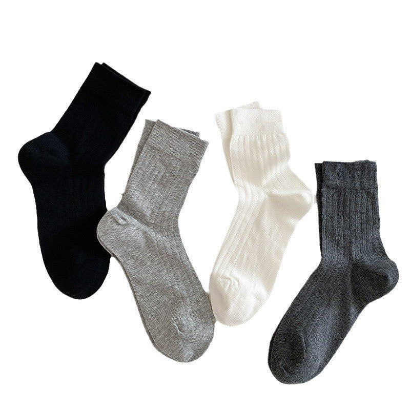 Solid Color Versatile Vertical Striped Thin Mid-Calf Socks