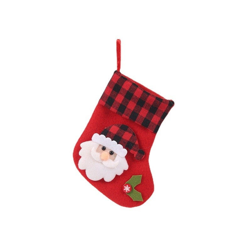 Red Black Plaid Patchwork Cute Cartoon Christmas Socks Gift Bag