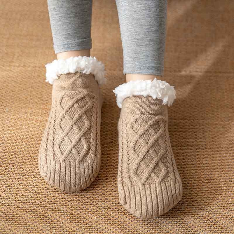 Adults Solid Color Knitted Fleece Lining Thick Warm Non-Slip Indoor Socks