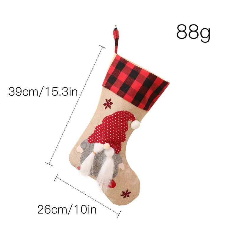 Linen Rudolph Plaid Sock Gift Bag Christmas Decoration