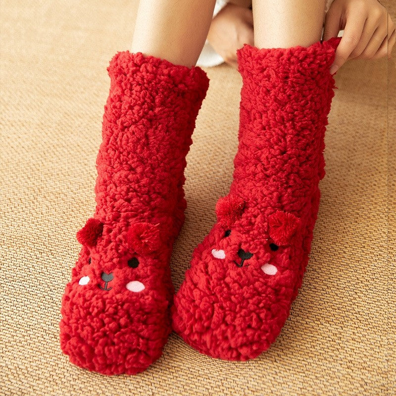 Adults Cute Cartoon Bear Coral Fleece Thick Warm Homewear Socks