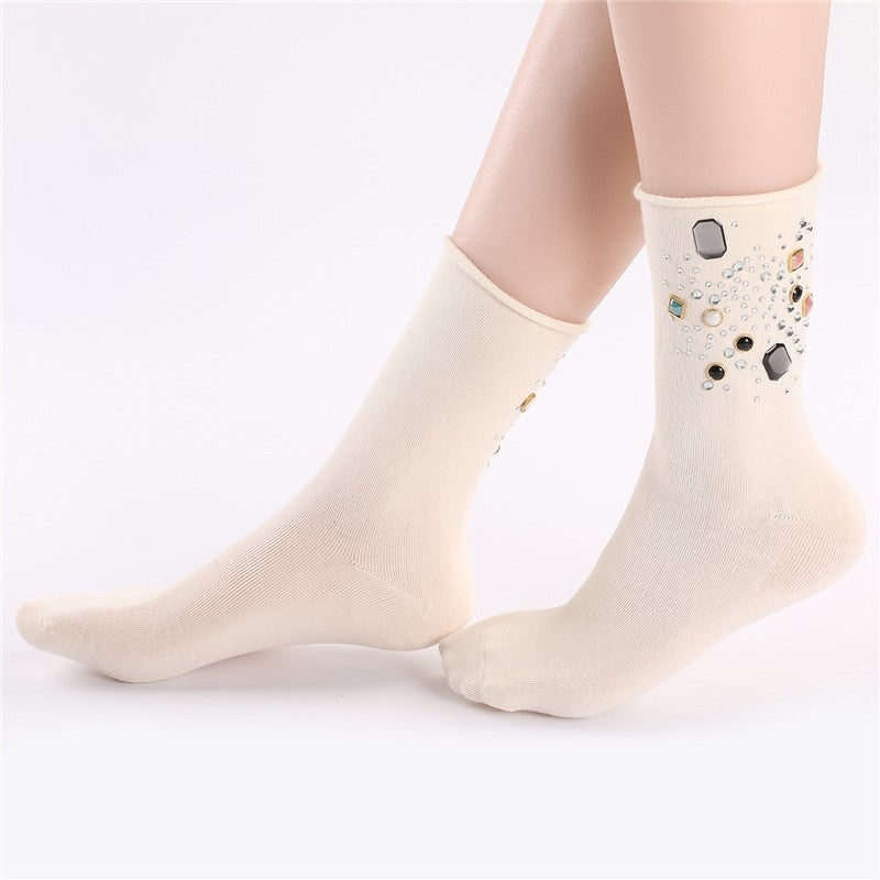 Solid Color Rhinestone Embellished Ankle Socks